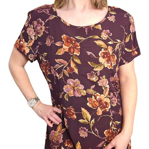 Vintage 90s‎ Purple Sz 12 Dark Floral Long Maxi Dress Shortsleeve Romantic - Picture 3 of 10